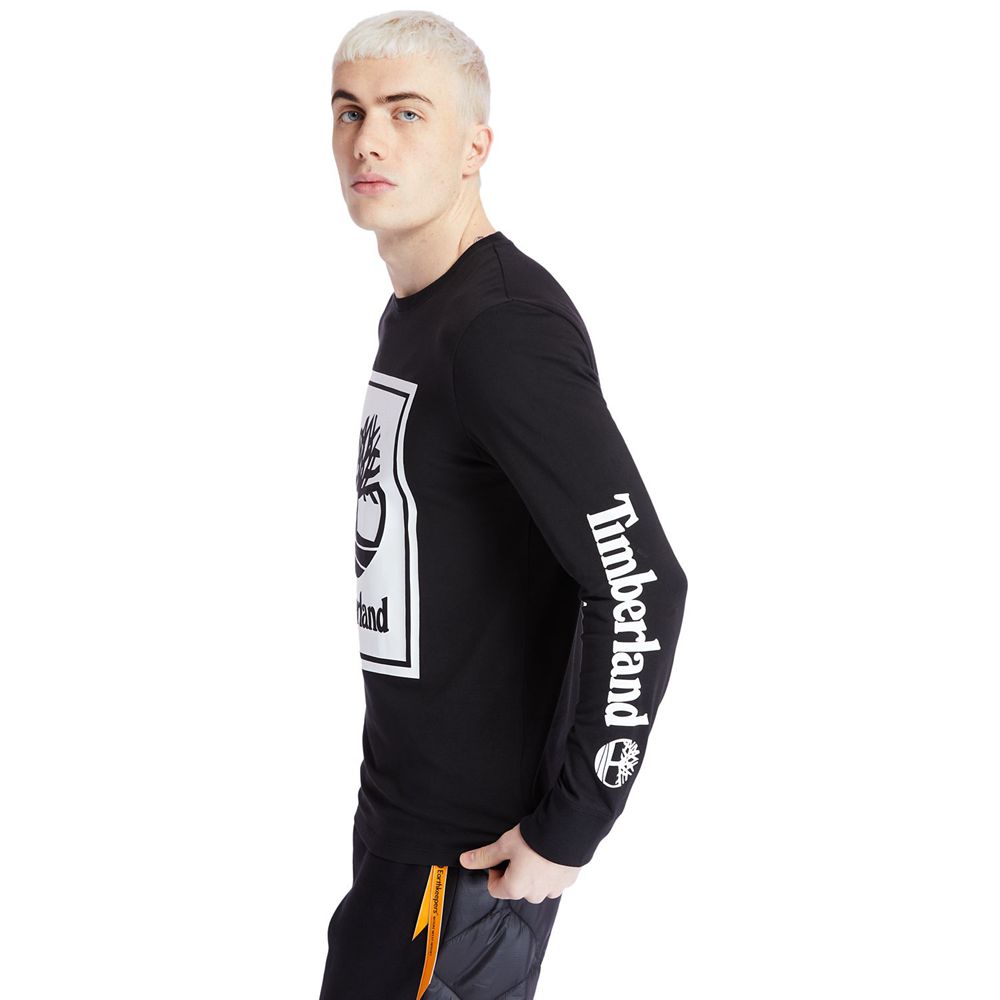 Tricouri Timberland Barbati Negrii/Albi - Long-Sleeve Logo - Romania - KRTXOF124